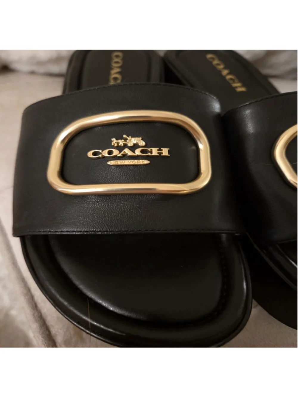 Women's Coach Eloise Black Gold Platform Slide Sandals Size 9